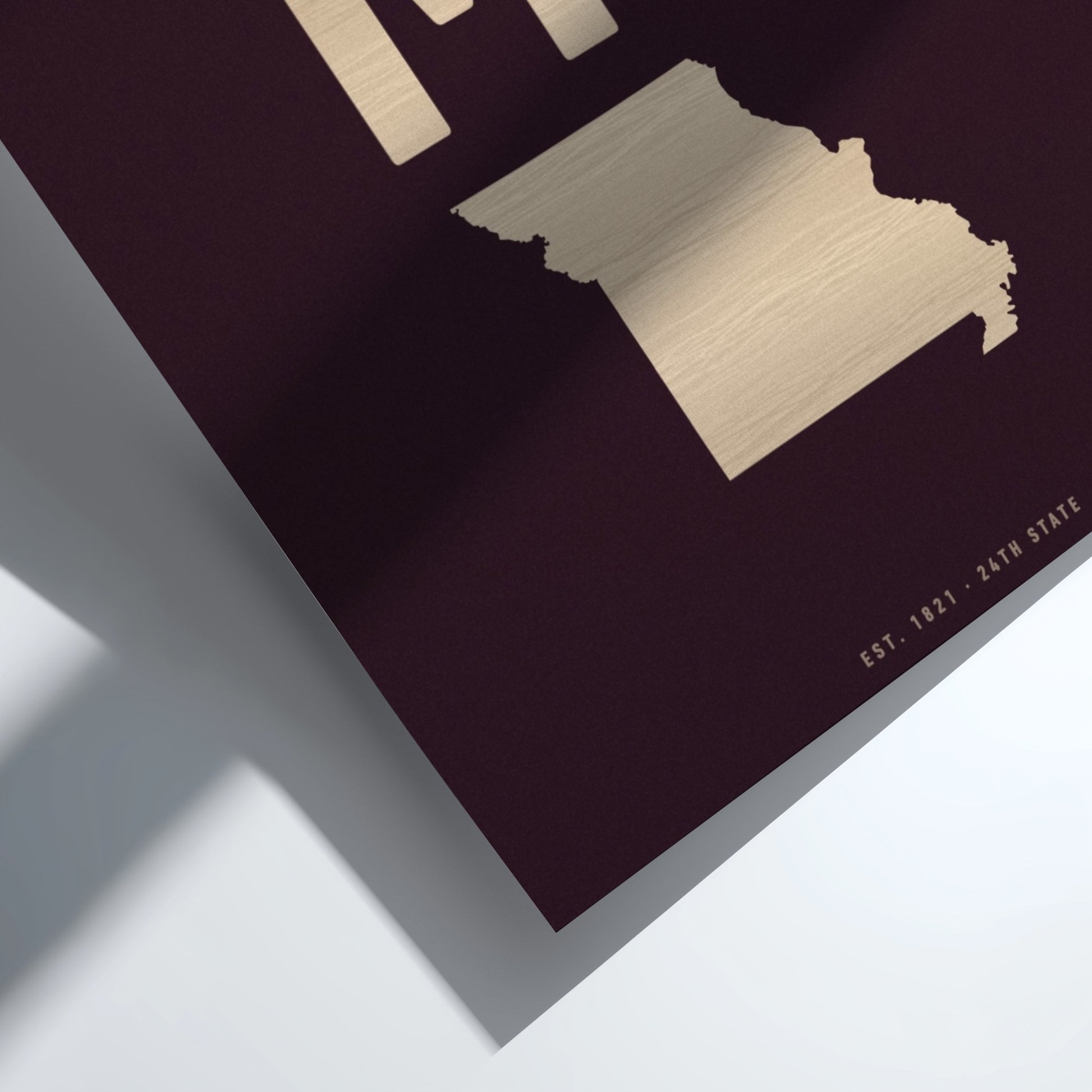 MO state poster featuring burgundy colors and minimalist design, perfect for home decor.