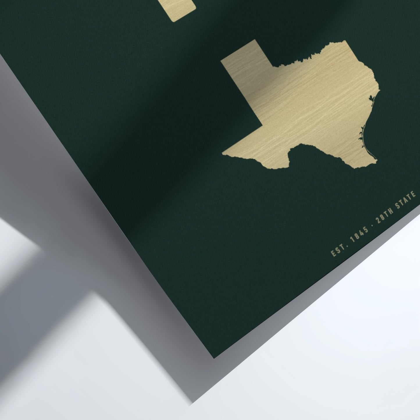 Gold Texas state outline on a dark green background