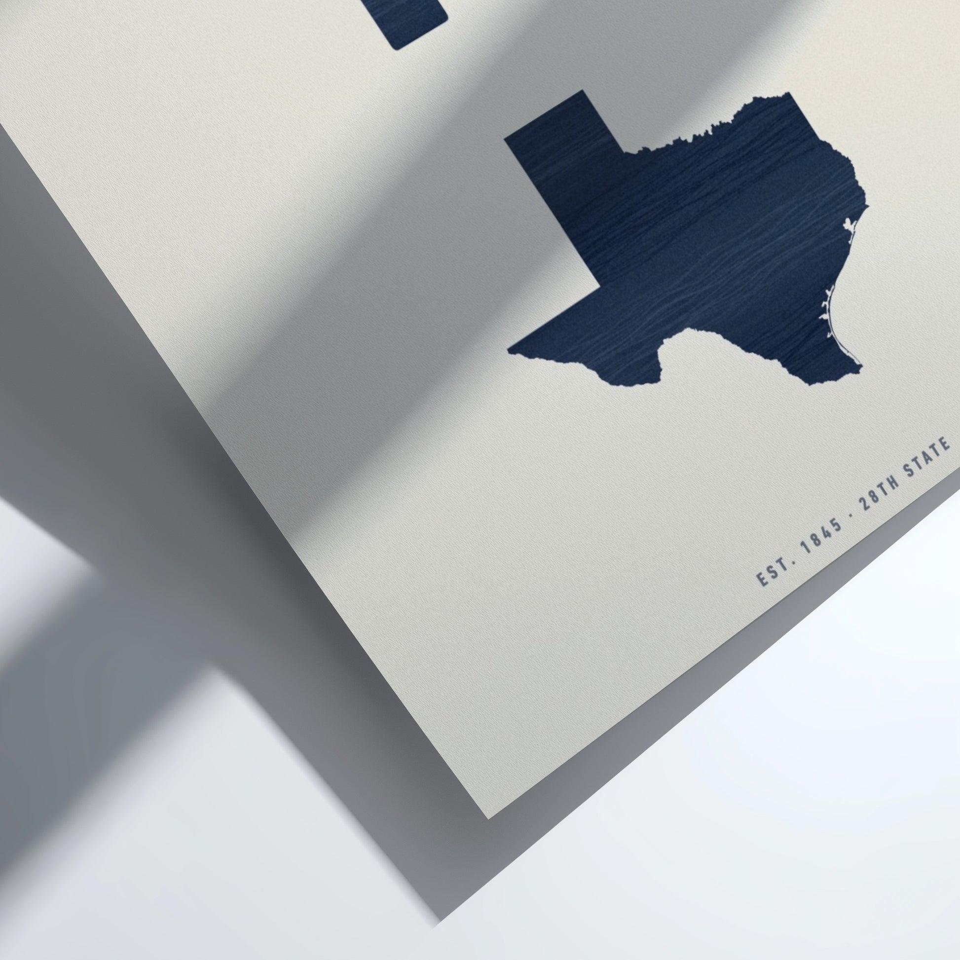 Navy blue map of Texas on a light gray background
