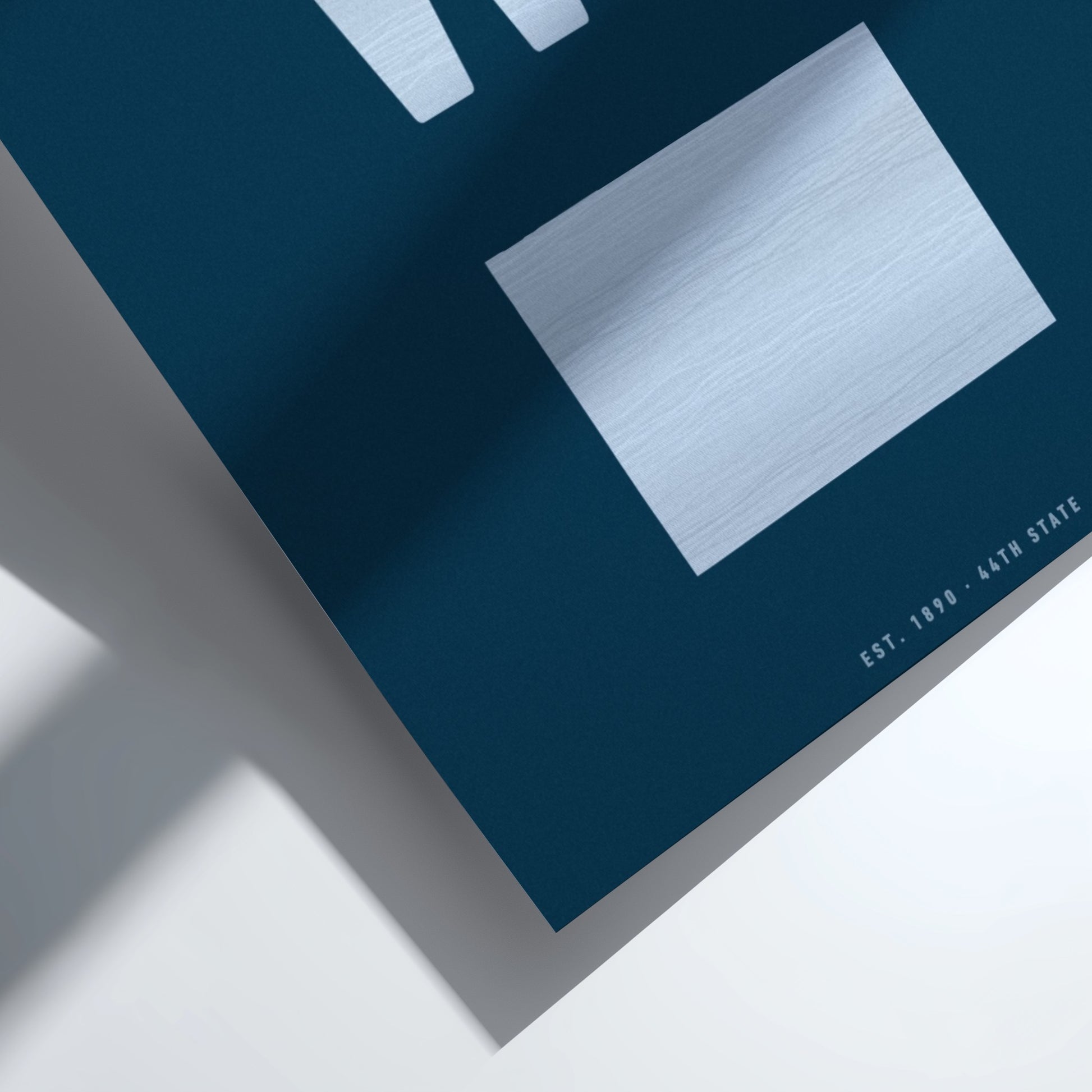 Close-up of a blue and white product packaging on a light background