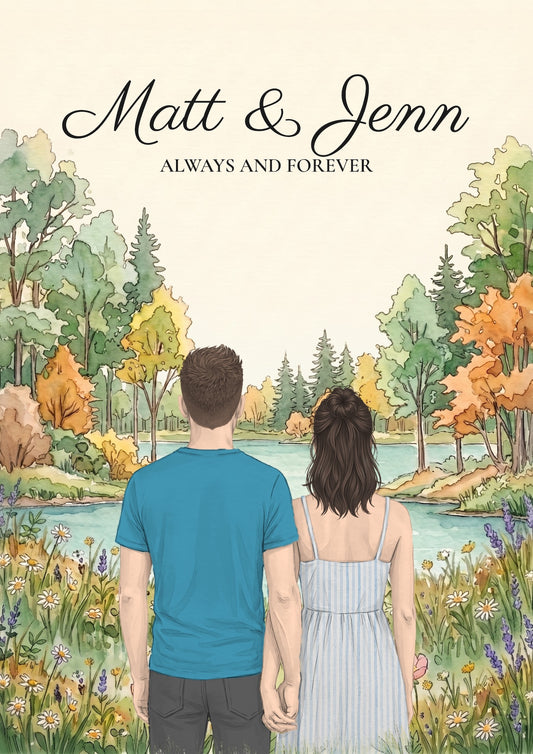 Personalised Couples Watercolour Lake Portrait Print