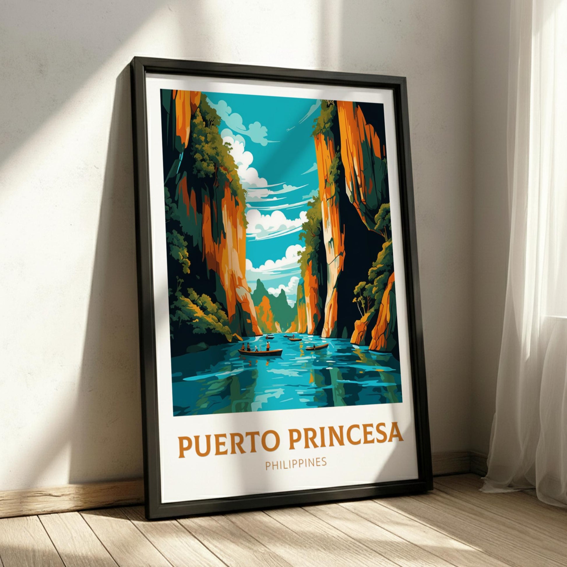 Framed poster of Puerto Princesa, Philippines with a scenic view of a river and cliffs.