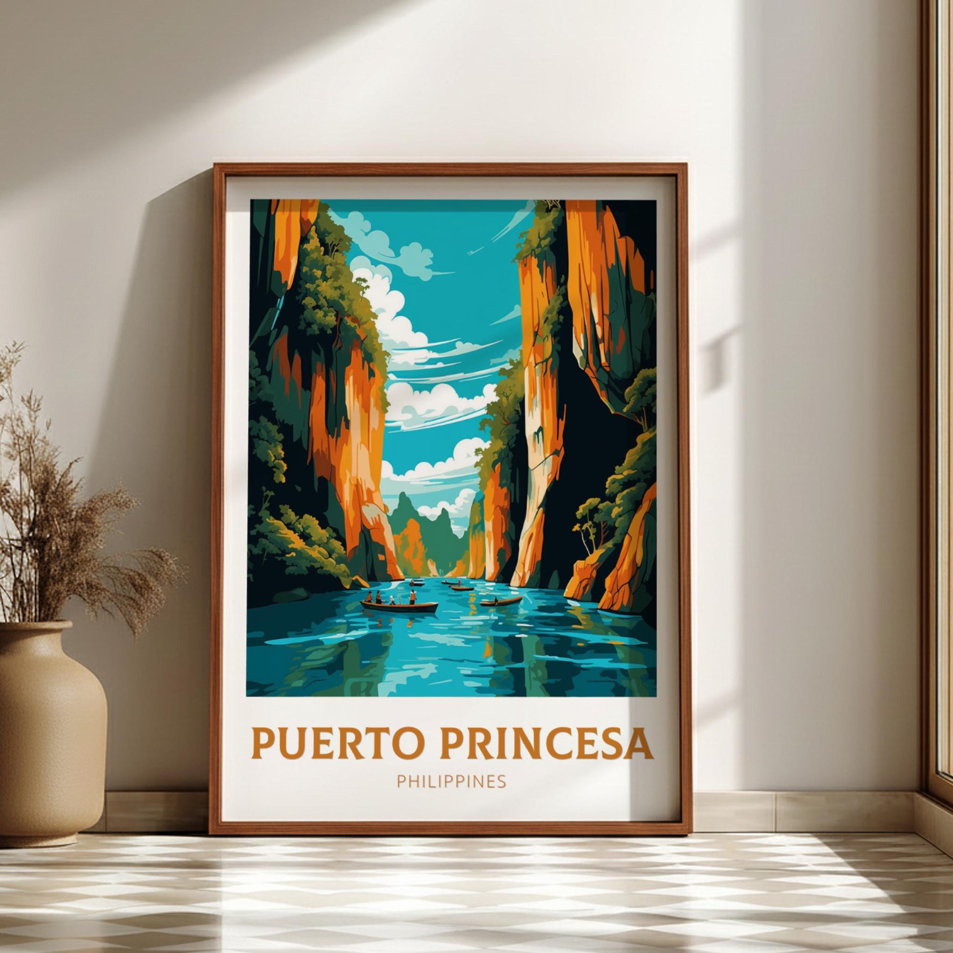 Framed artwork of Puerto Princesa, Philippines with a scenic view of a river and cliffs.