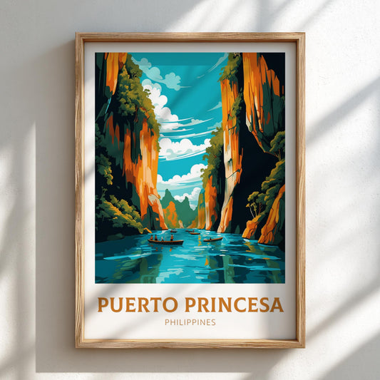 Framed artwork of Puerto Princesa, Philippines with a scenic view of a river and cliffs.