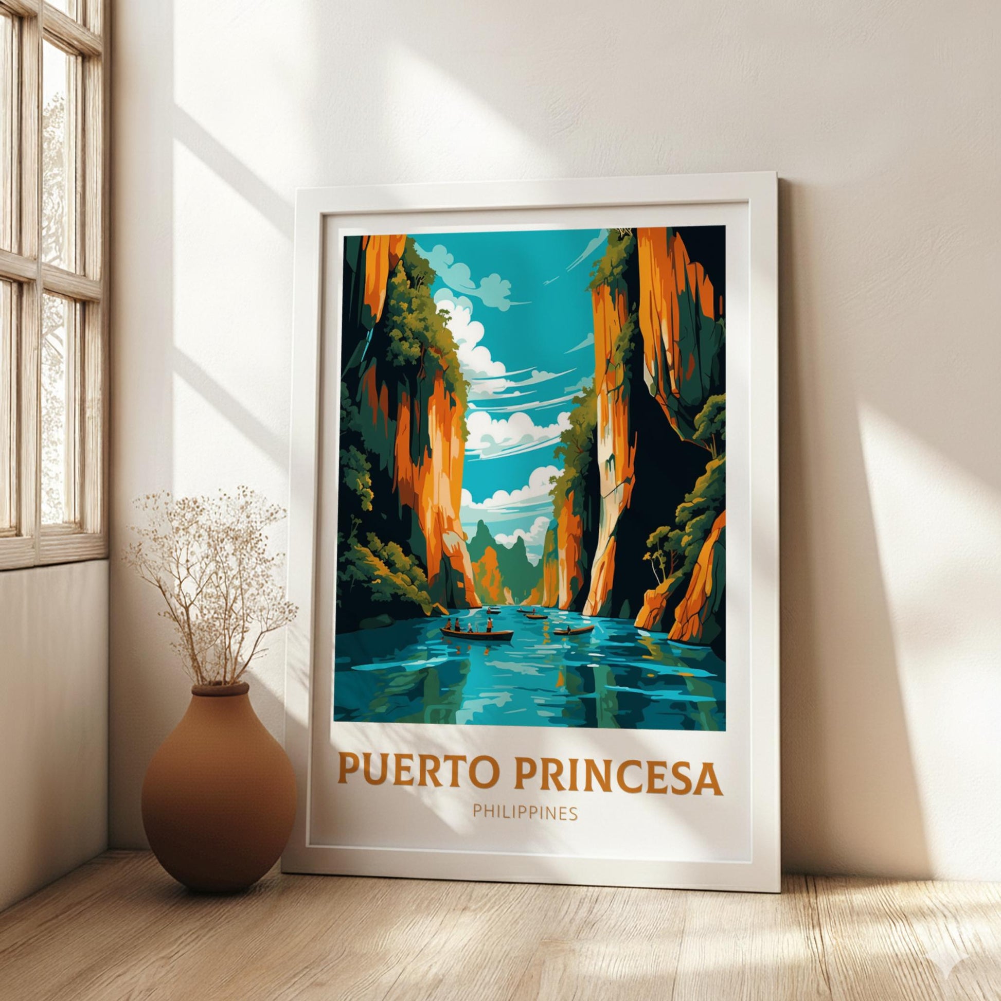 Framed artwork of Puerto Princesa, Philippines with a scenic view of a river and cliffs.