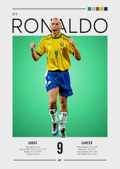 Ronaldo Brazil football players wall art featuring vibrant colors and retro style