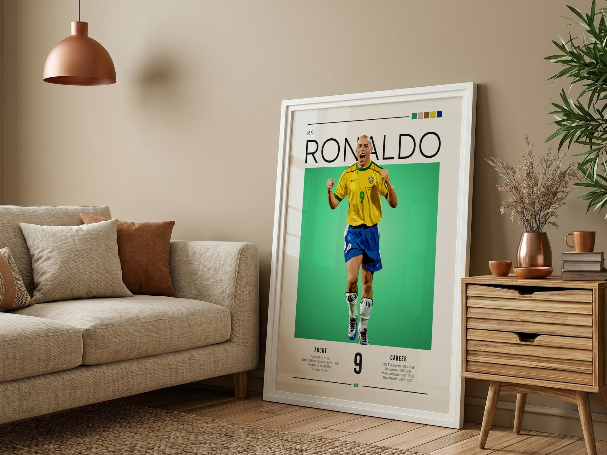 Ronaldo Brazil football players wall art featuring vibrant colors and retro style