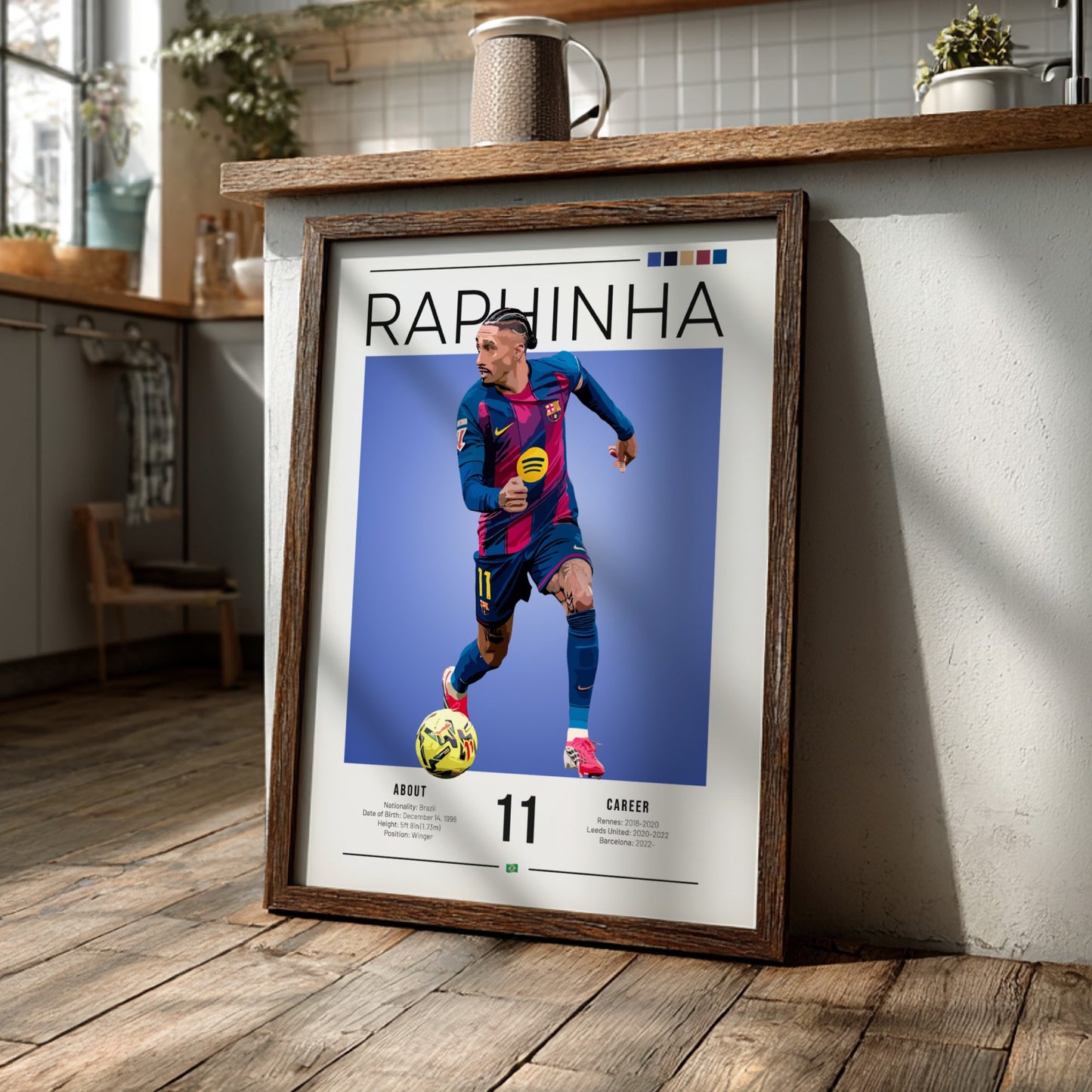 Raphinha artwork featuring vibrant colors and dynamic football action, perfect for sports wall decor.