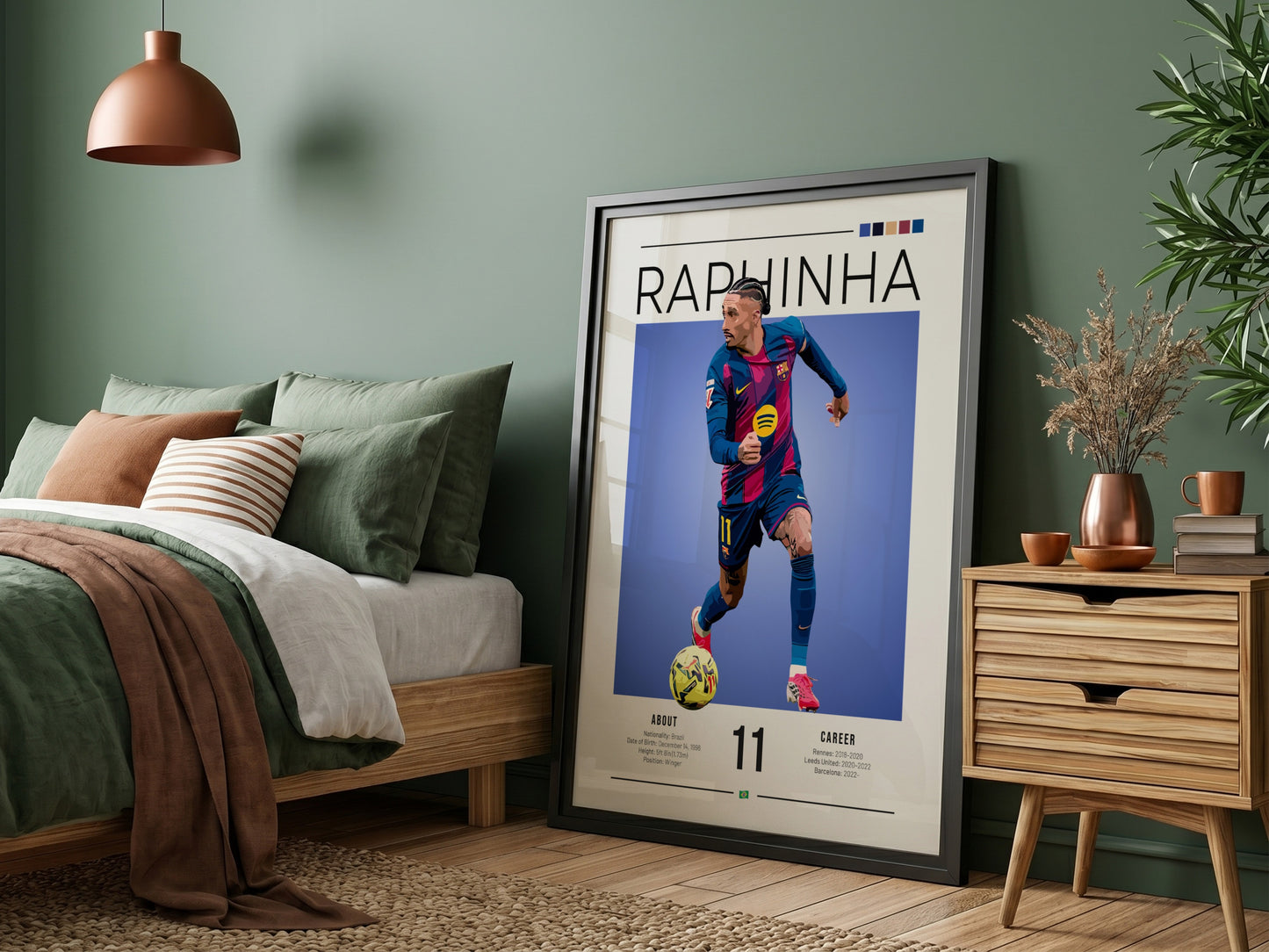 Raphinha artwork featuring vibrant colors and dynamic football action, perfect for sports wall decor.