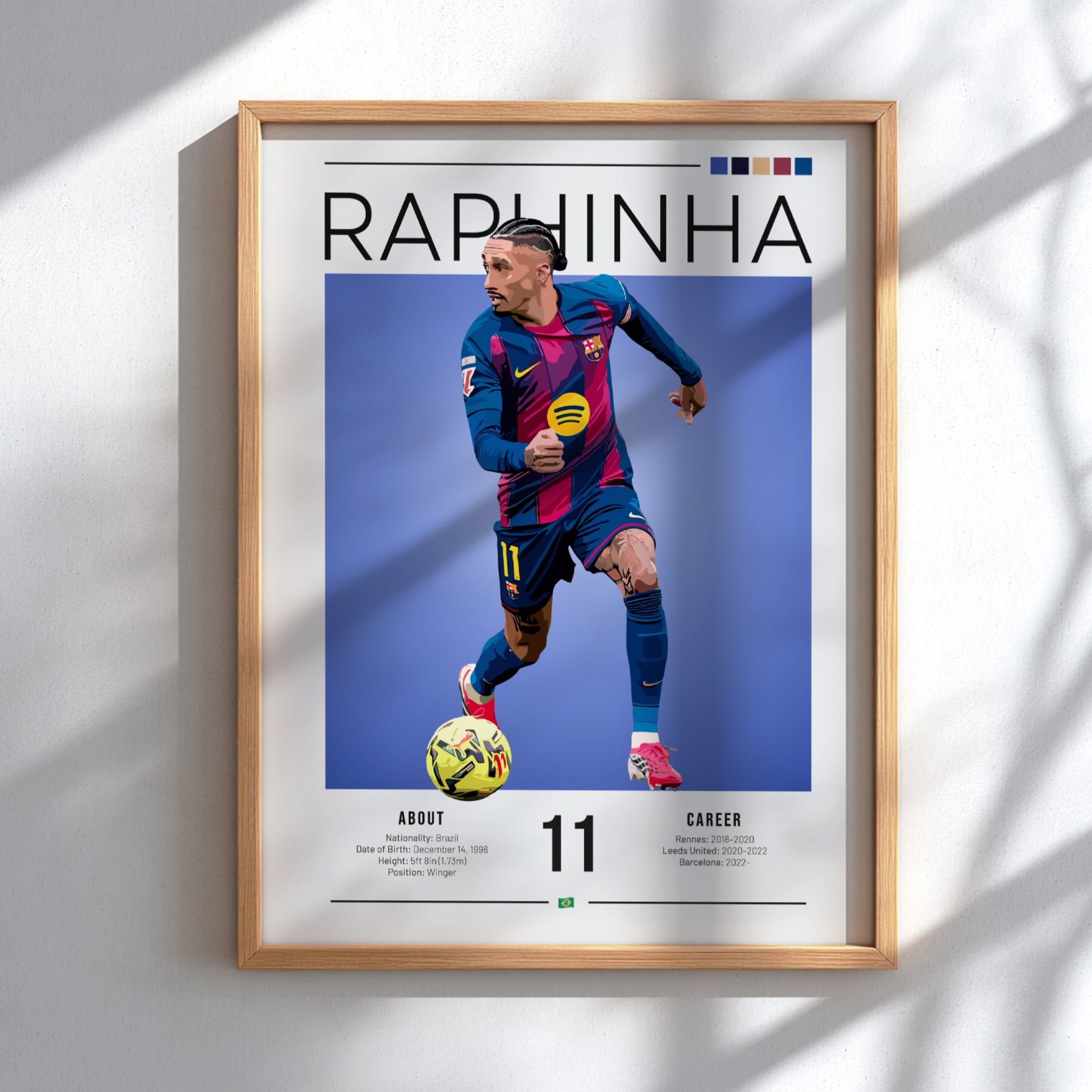 Raphinha artwork featuring vibrant colors and dynamic football action, perfect for sports wall decor.