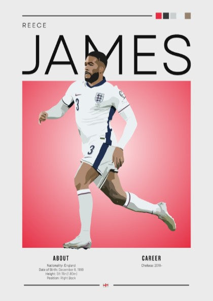 Reece James print featuring England National Team colors and dynamic football action style