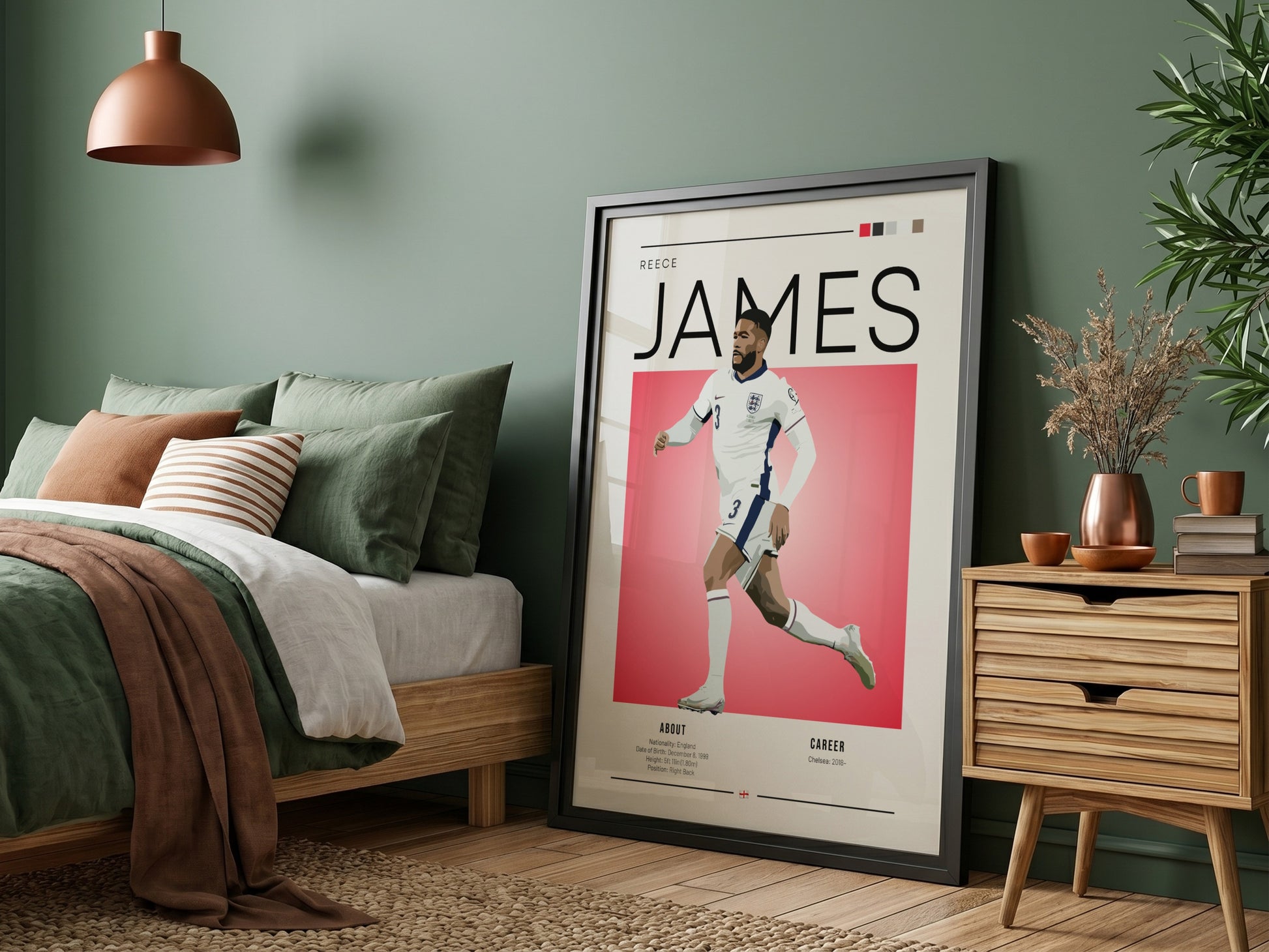 Reece James print featuring England National Team colors and dynamic football action style