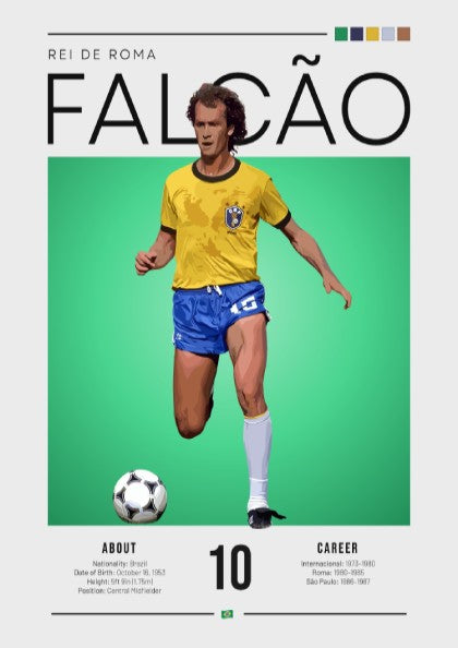 Falcão Brazil football players poster featuring vibrant yellow and green colors in a vintage style