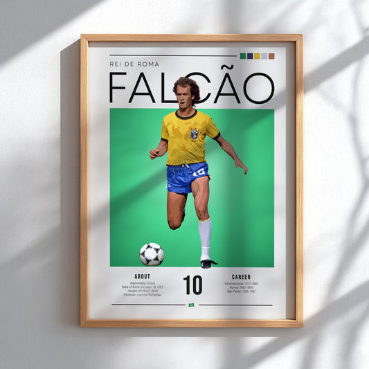 Falcão Brazil football players poster featuring vibrant yellow and green colors in a vintage style