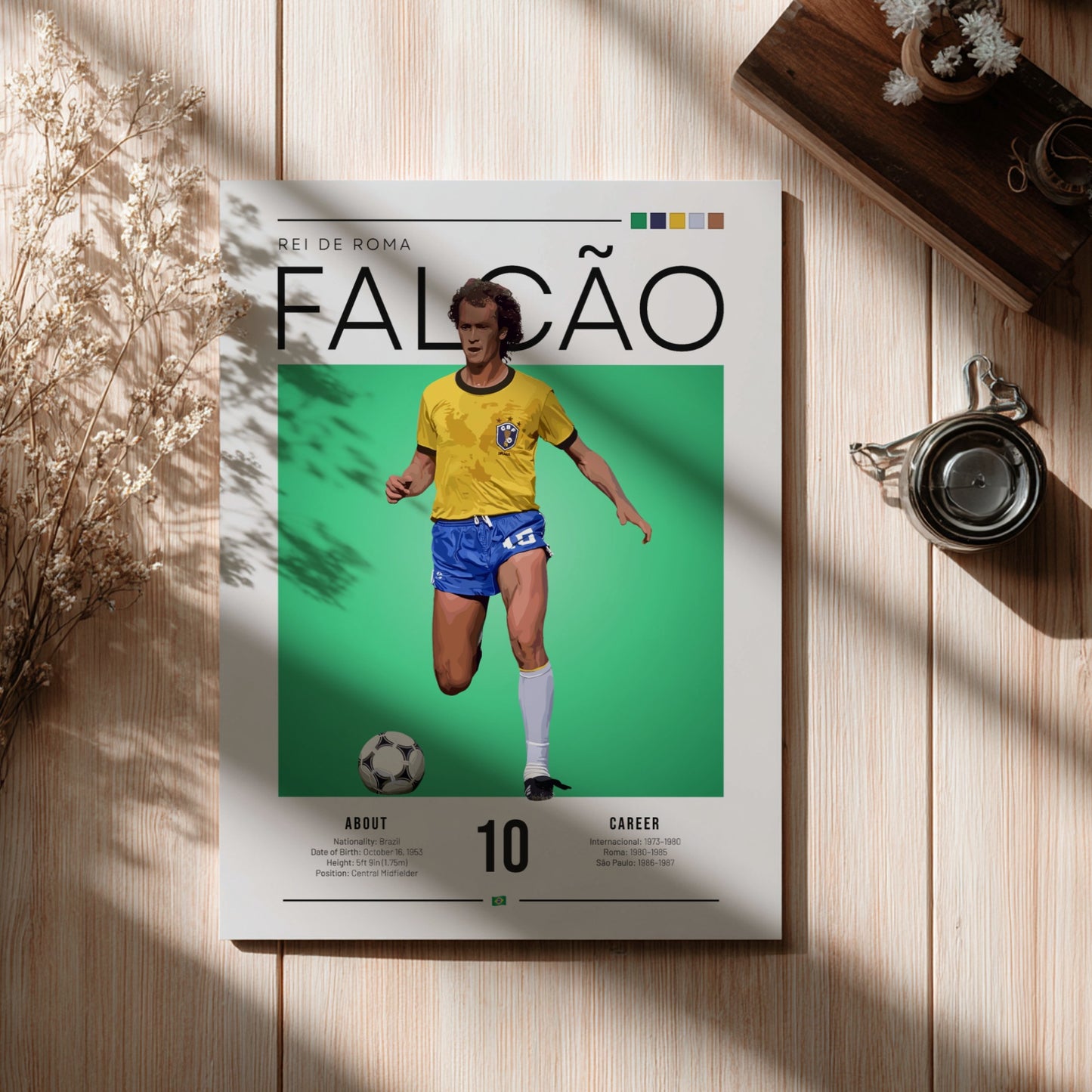 Falcão Brazil football players poster featuring vibrant yellow and green colors in a vintage style