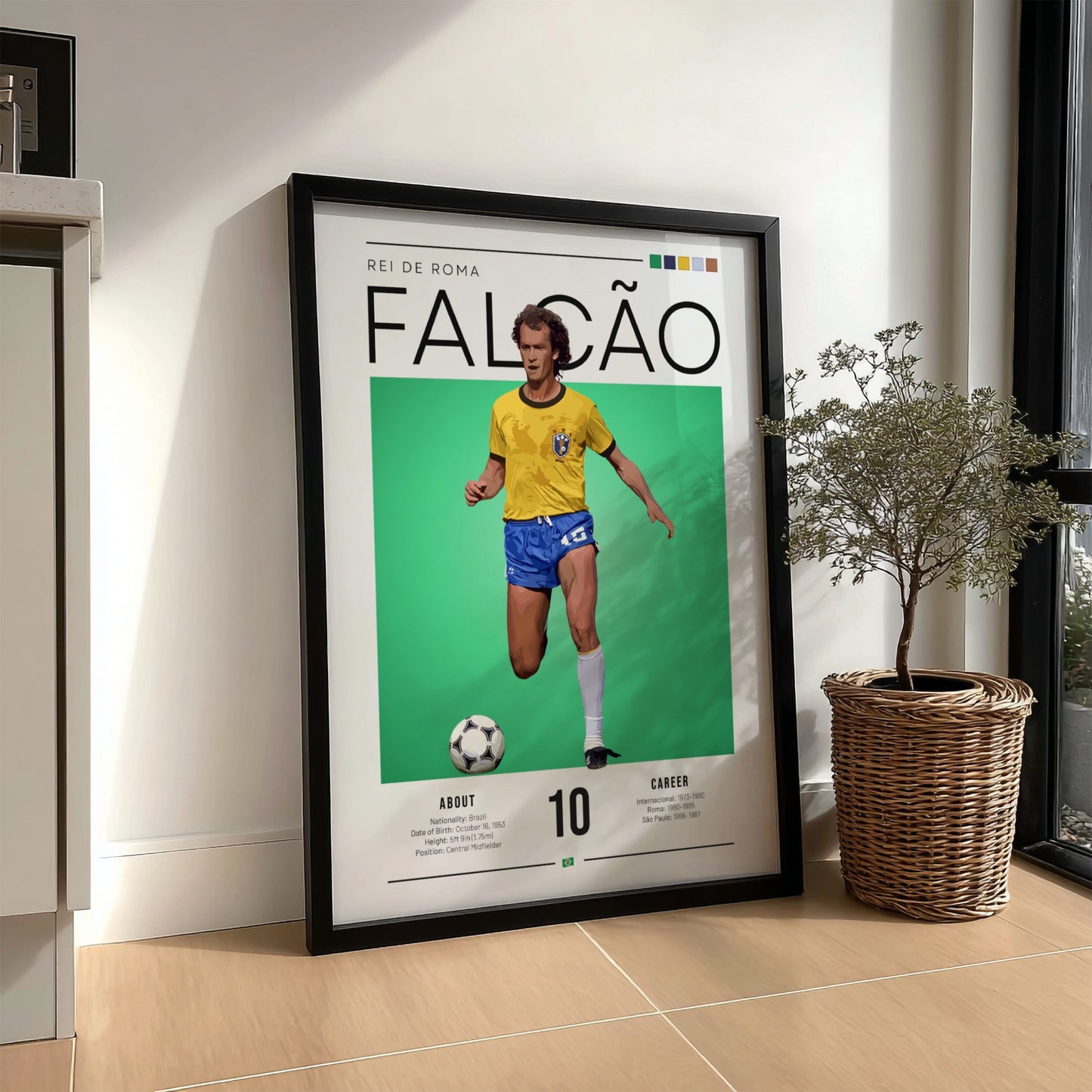 Falcão Brazil football players poster featuring vibrant yellow and green colors in a vintage style