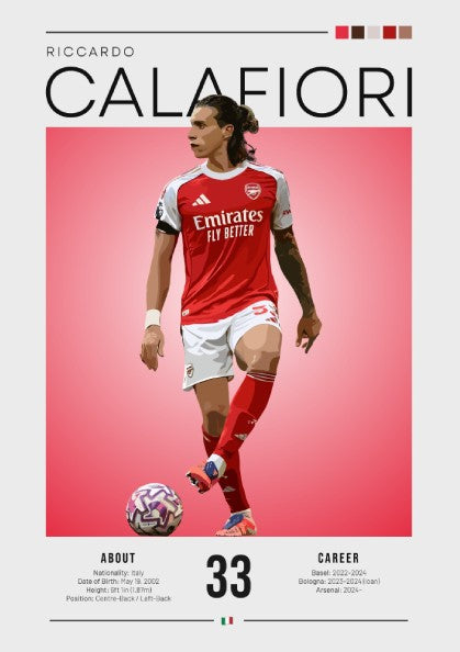 Riccardo Calafiori poster featuring vibrant colors and dynamic illustration, perfect for sports decor