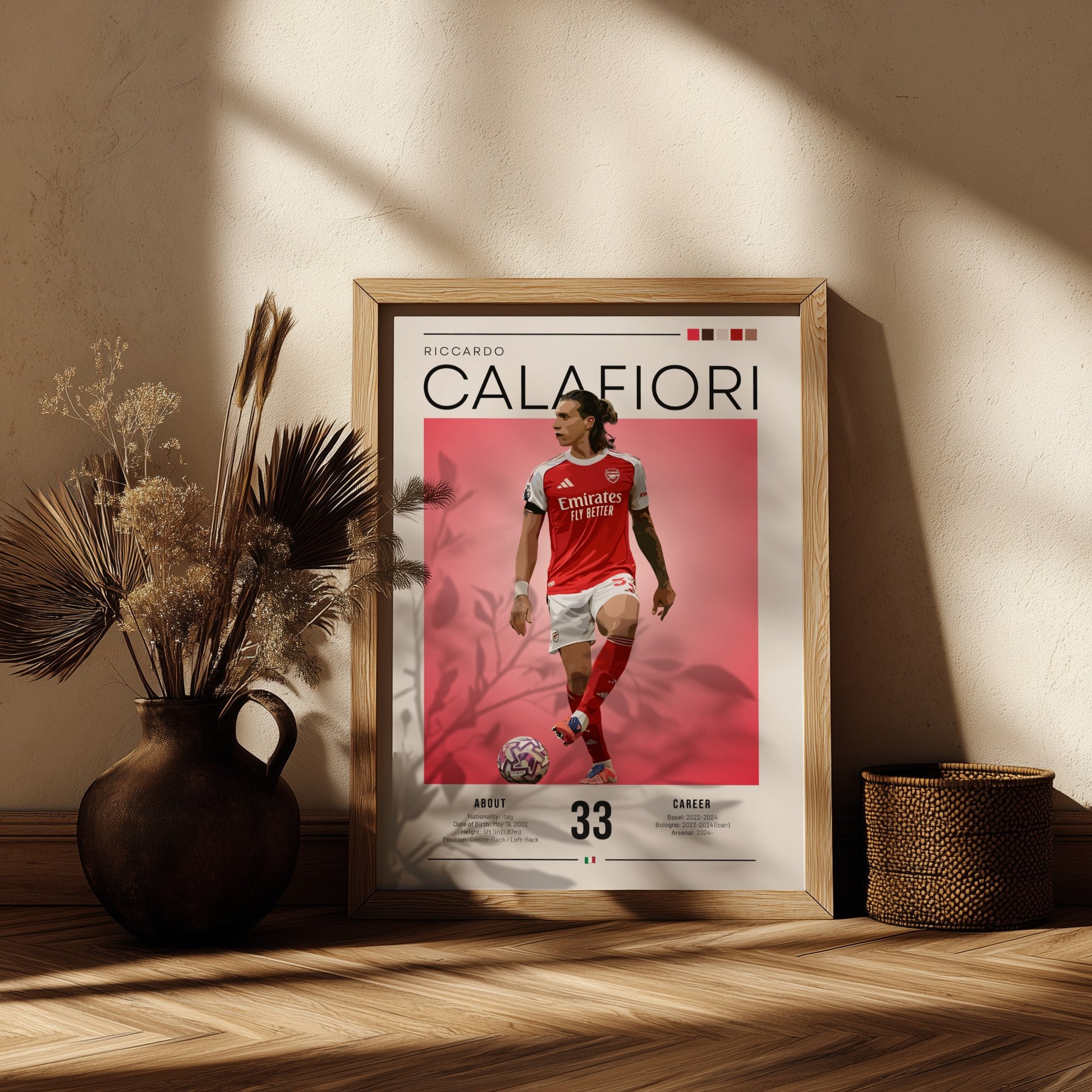Riccardo Calafiori poster featuring vibrant colors and dynamic illustration, perfect for sports decor