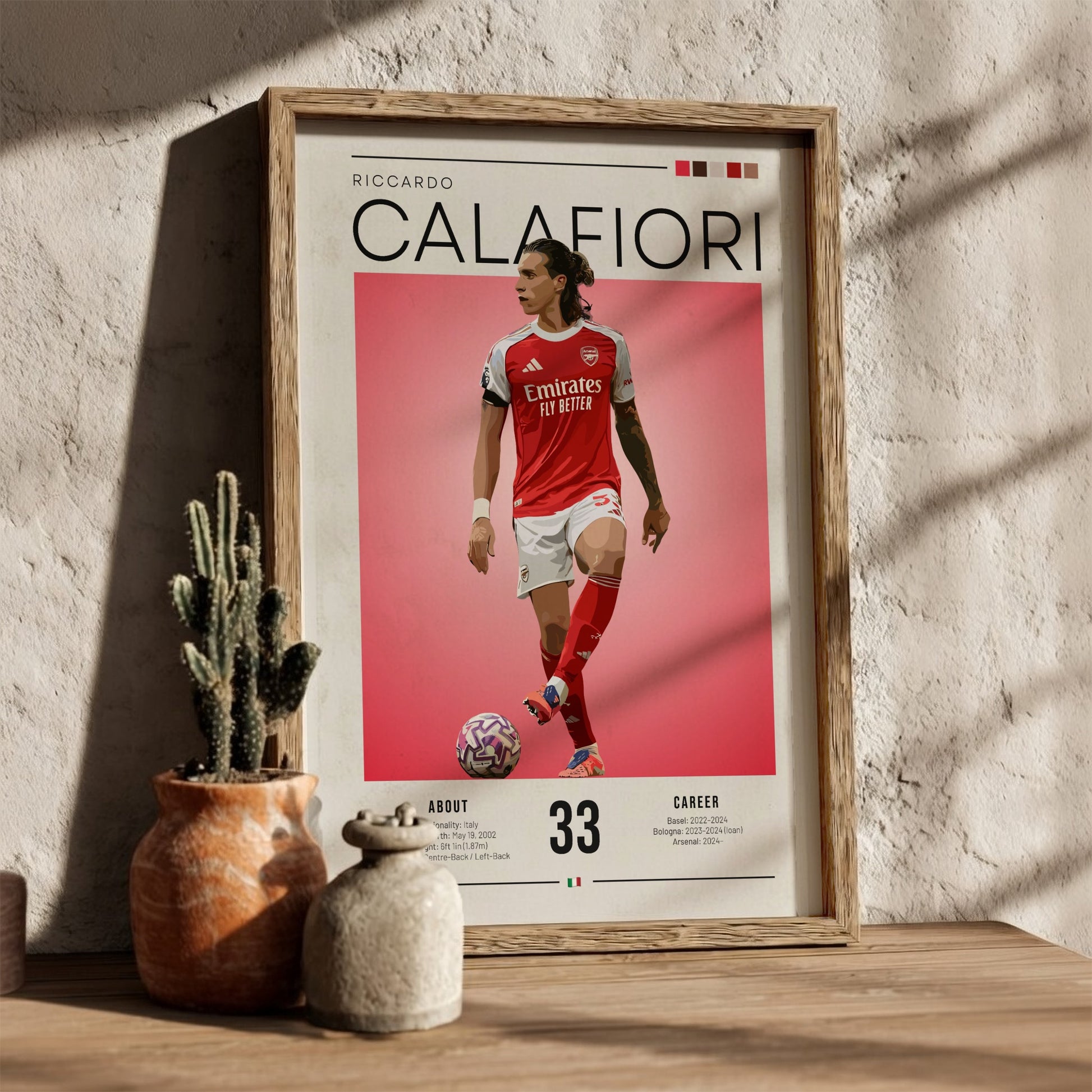 Riccardo Calafiori poster featuring vibrant colors and dynamic illustration, perfect for sports decor