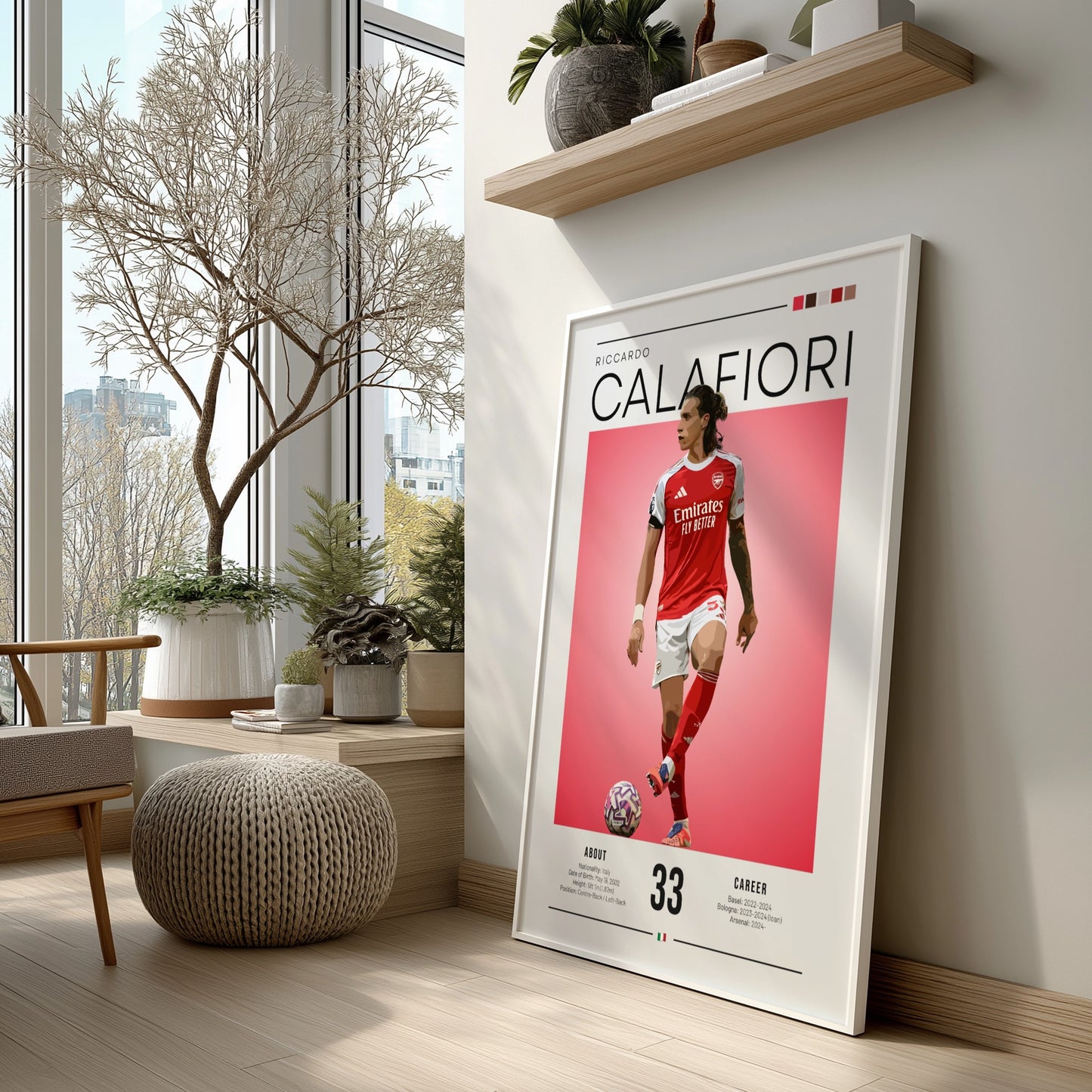 Riccardo Calafiori poster featuring vibrant colors and dynamic illustration, perfect for sports decor
