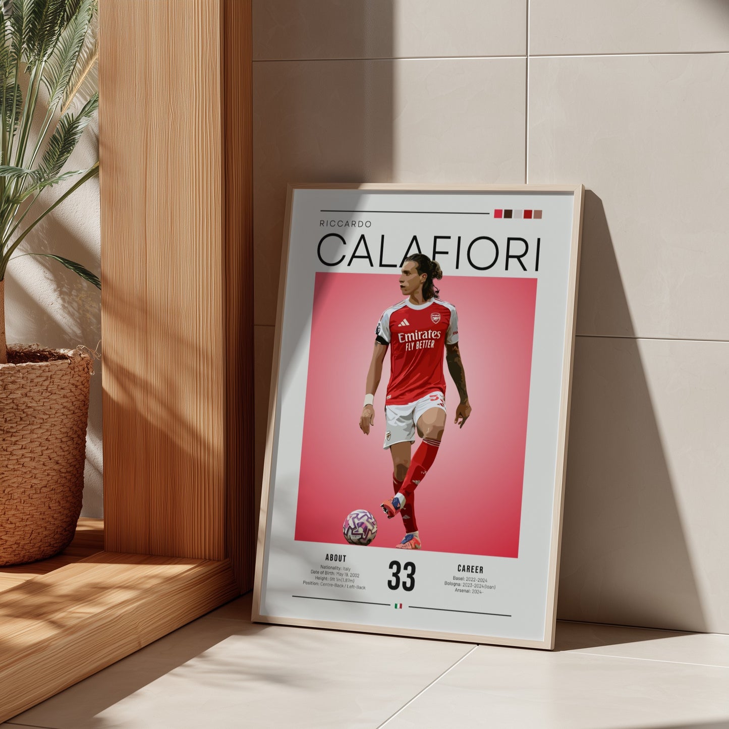 Riccardo Calafiori poster featuring vibrant colors and dynamic illustration, perfect for sports decor