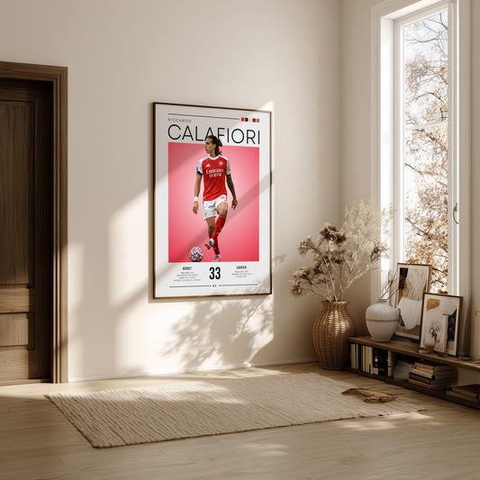 Riccardo Calafiori poster featuring vibrant colors and dynamic illustration, perfect for sports decor