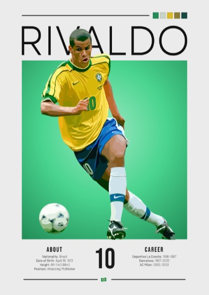 Rivaldo football art illustration featuring vibrant colors and dynamic pose