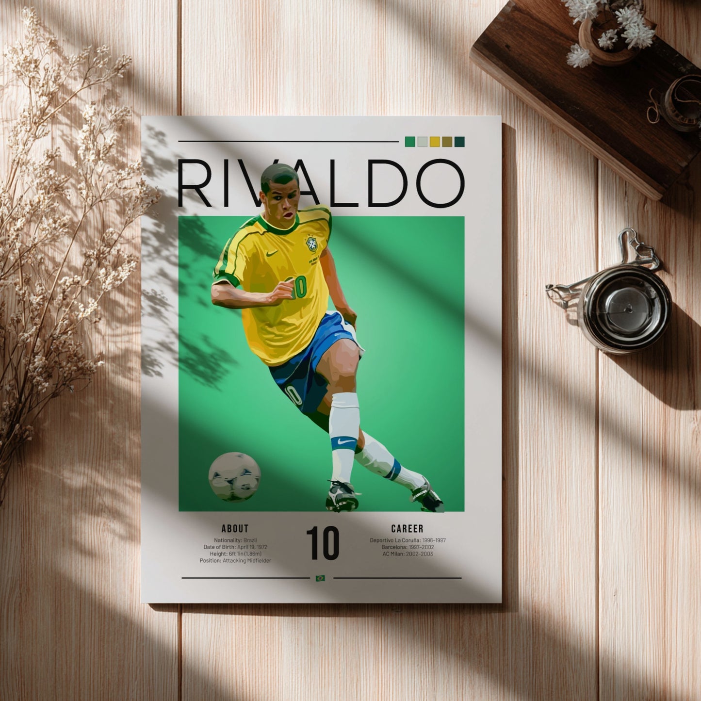 Rivaldo football art illustration featuring vibrant colors and dynamic pose