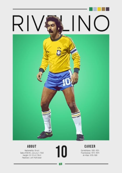Rivelino football art featuring vibrant yellow and blue colors in vintage style wall decor