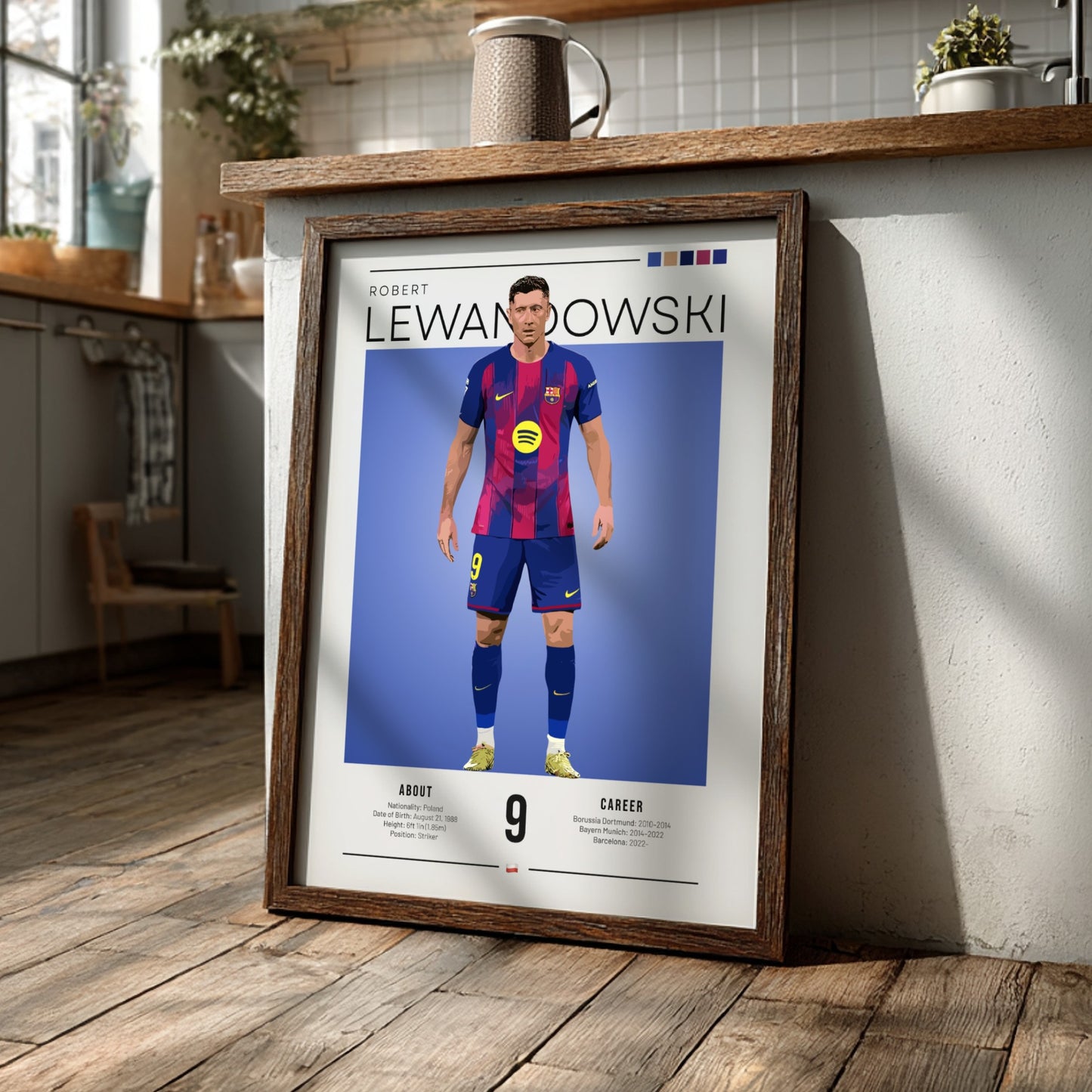 Robert Lewandowski art print featuring vibrant colors and modern illustration style, perfect for sports decor.