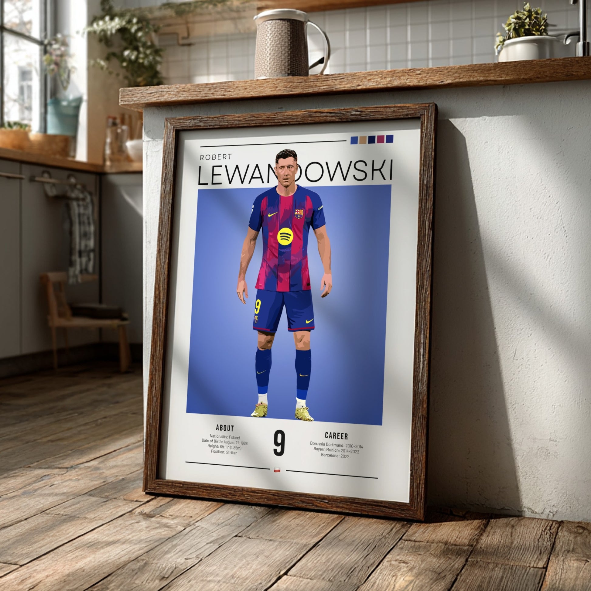 Robert Lewandowski art print featuring vibrant colors and modern illustration style, perfect for sports decor.