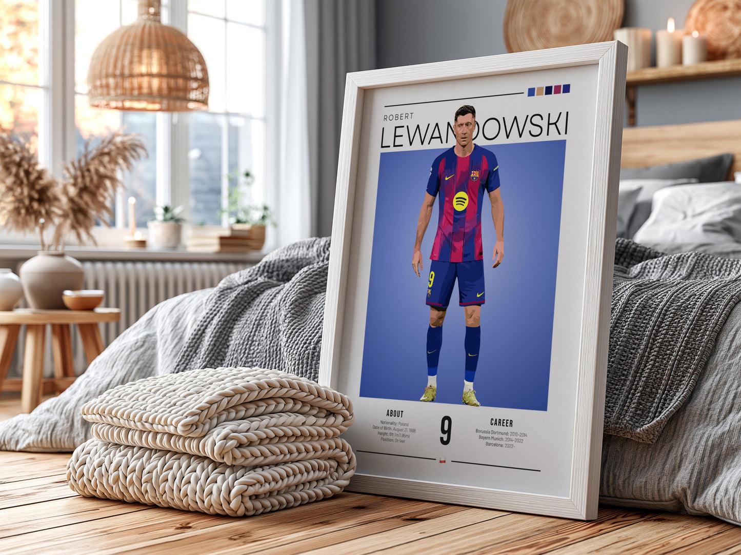 Robert Lewandowski art print featuring vibrant colors and modern illustration style, perfect for sports decor.