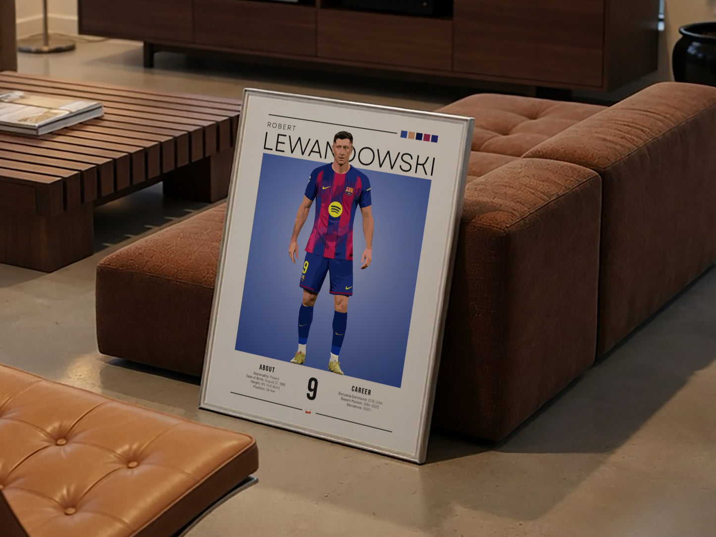 Robert Lewandowski art print featuring vibrant colors and modern illustration style, perfect for sports decor.
