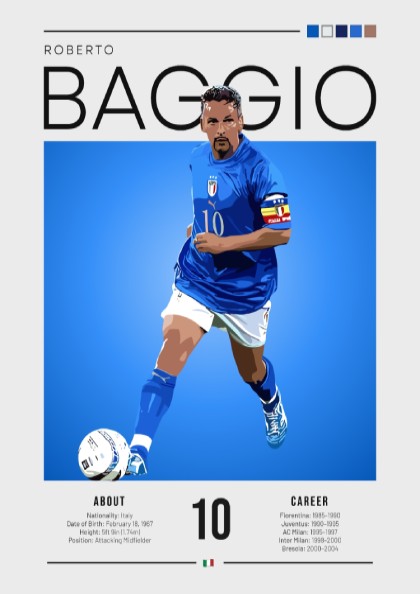 Roberto Baggio poster featuring vibrant colors and dynamic design celebrating an Italian football legend