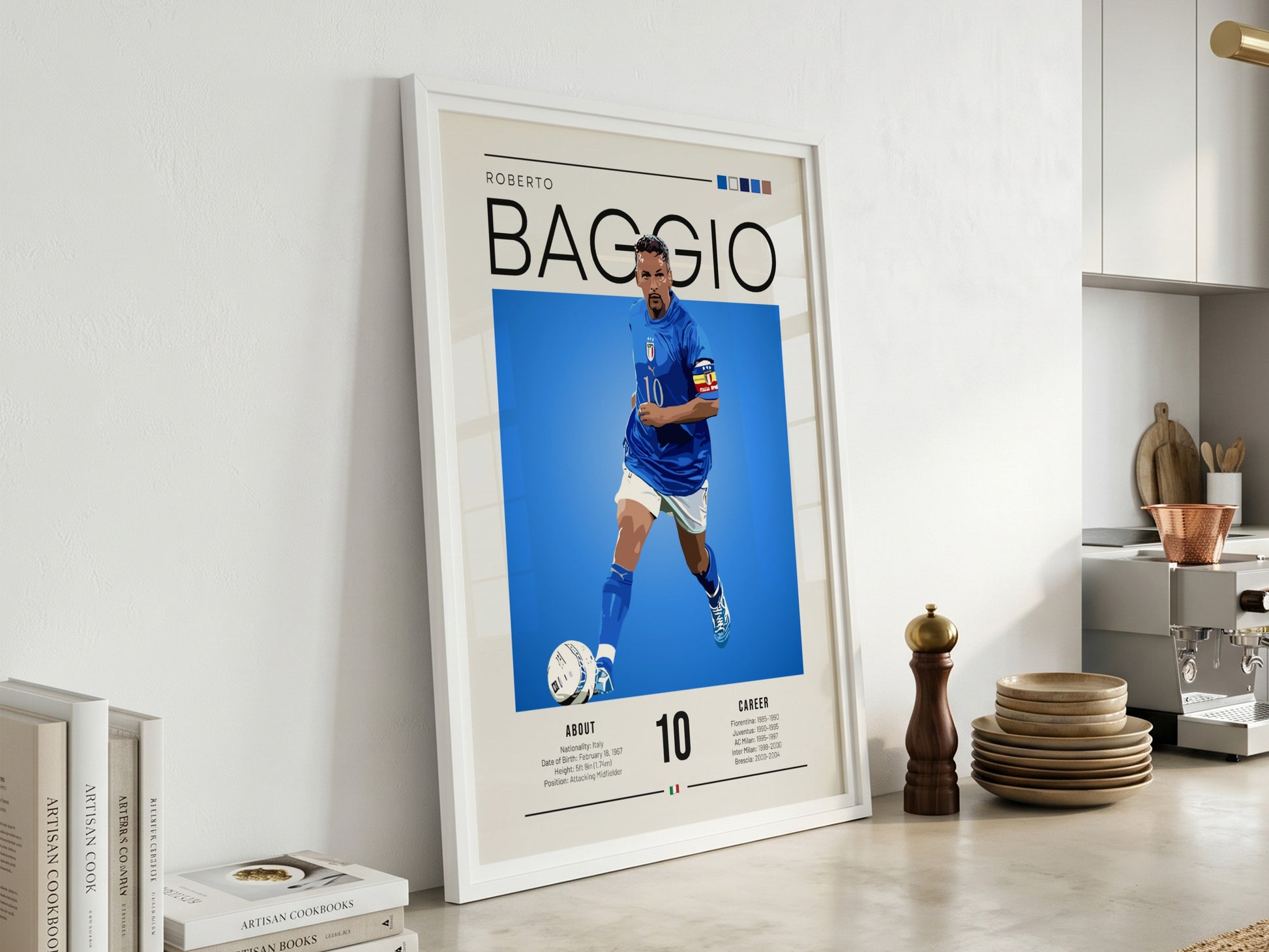Roberto Baggio poster featuring vibrant colors and dynamic design celebrating an Italian football legend