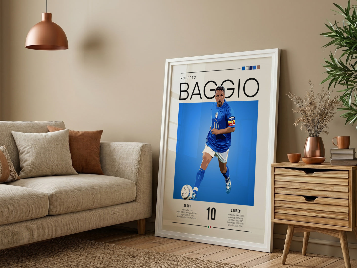 Roberto Baggio poster featuring vibrant colors and dynamic design celebrating an Italian football legend