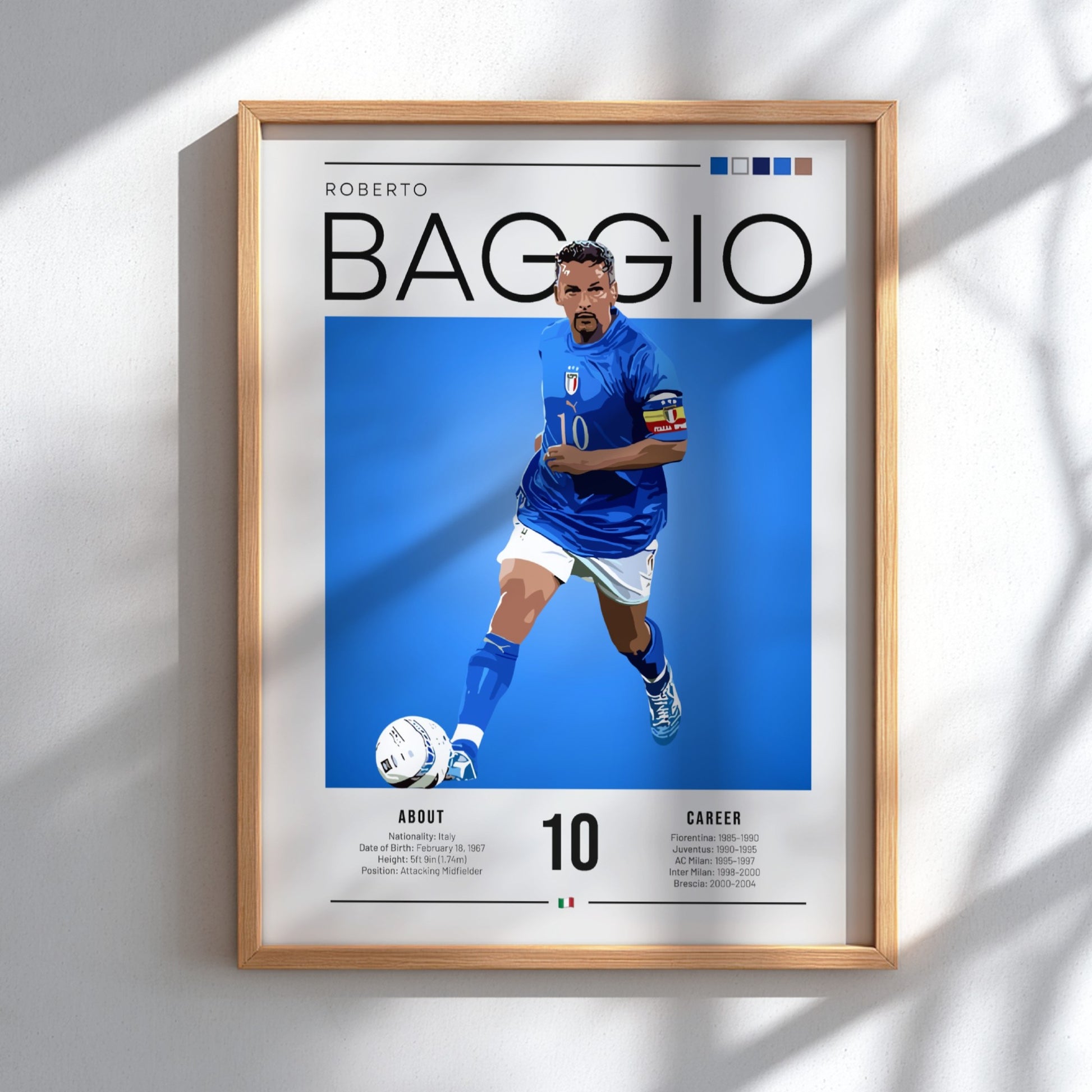 Roberto Baggio poster featuring vibrant colors and dynamic design celebrating an Italian football legend