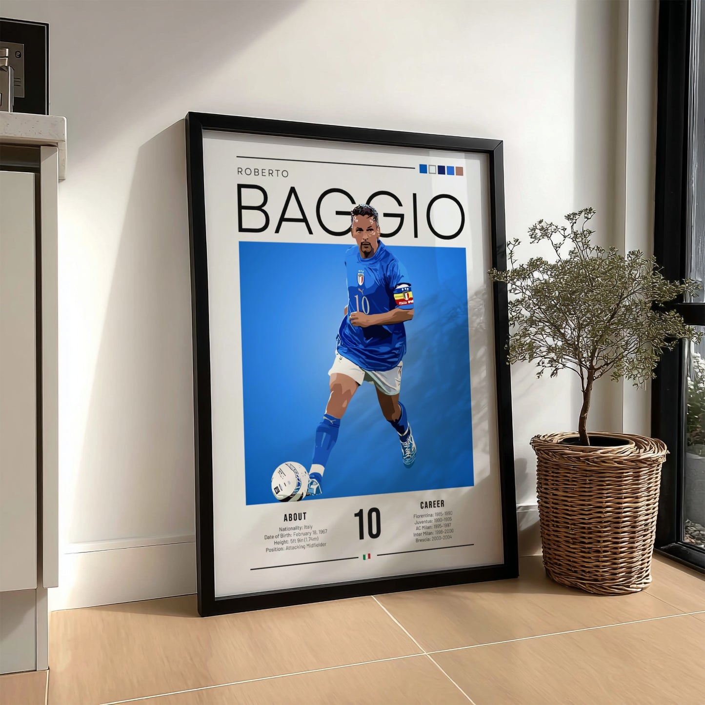 Roberto Baggio poster featuring vibrant colors and dynamic design celebrating an Italian football legend