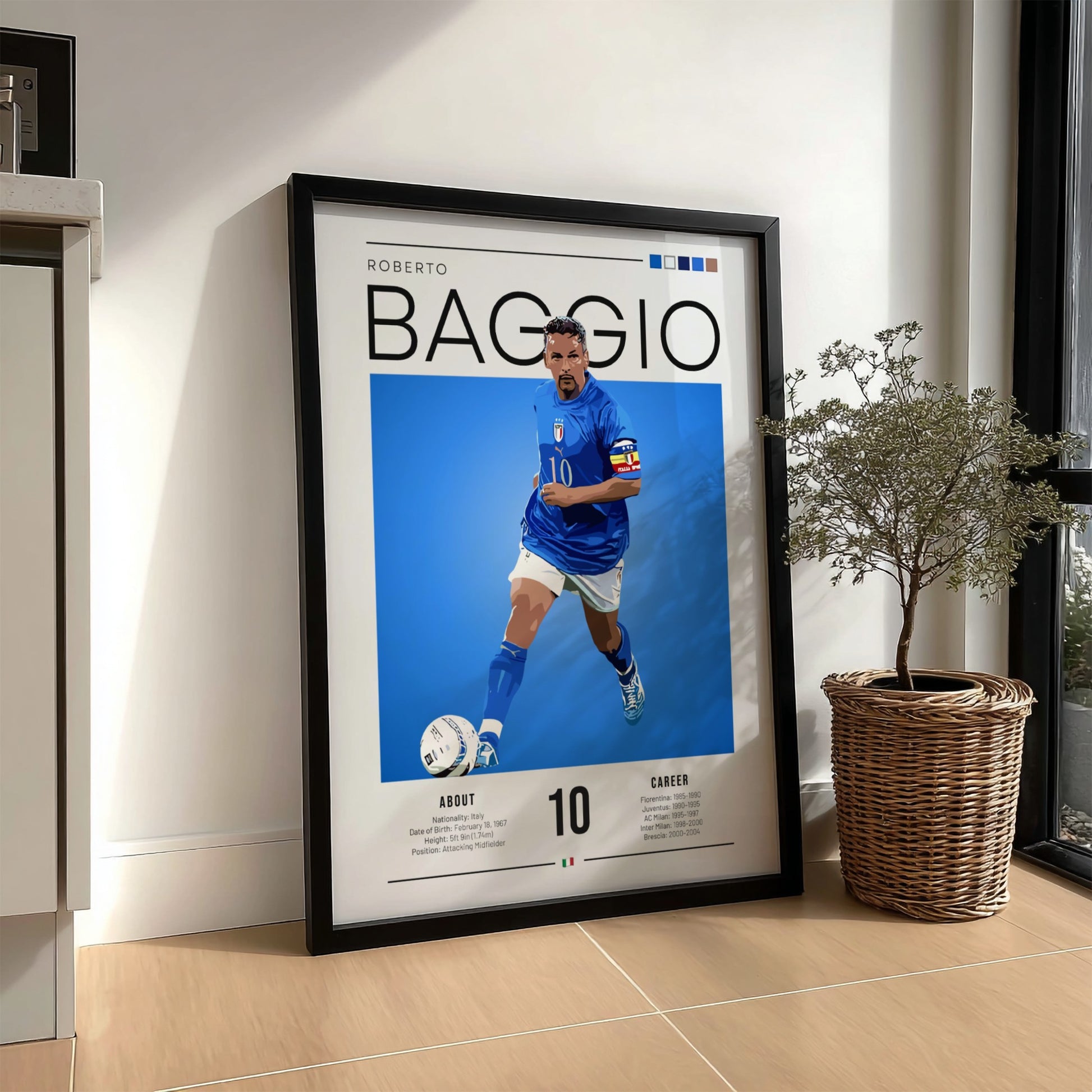 Roberto Baggio poster featuring vibrant colors and dynamic design celebrating an Italian football legend