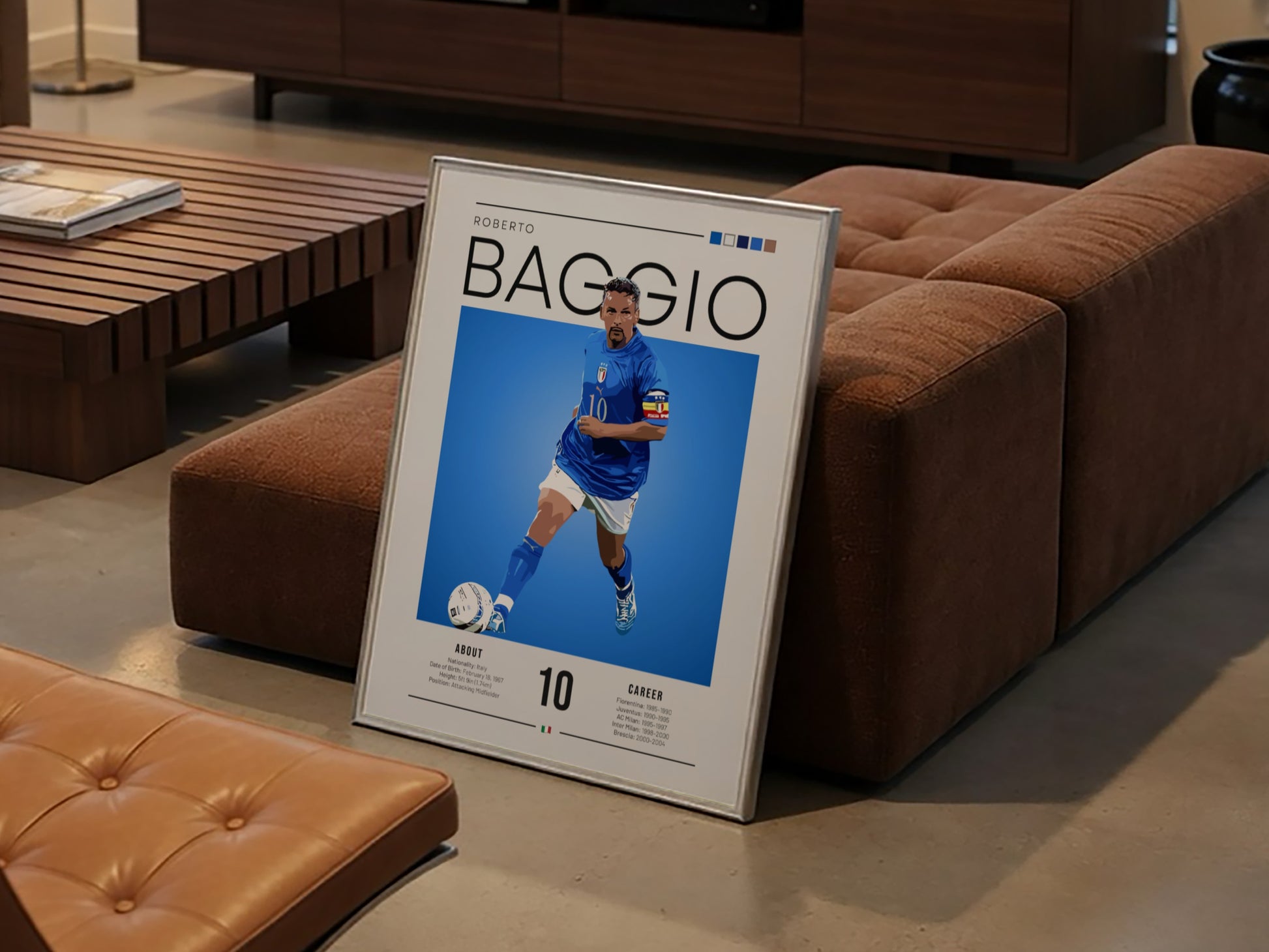Roberto Baggio poster featuring vibrant colors and dynamic design celebrating an Italian football legend