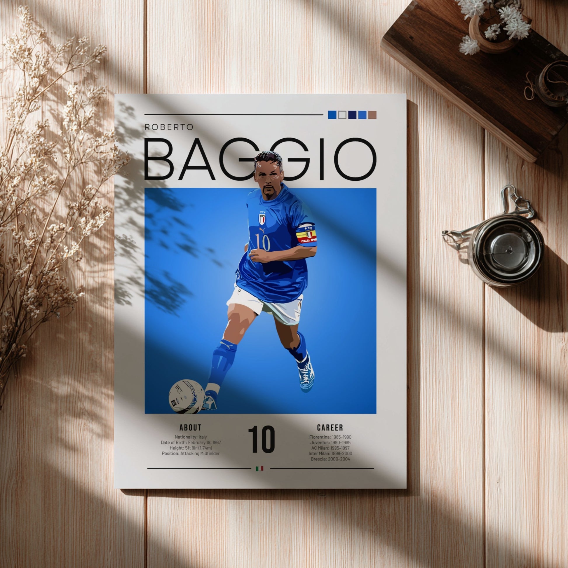 Roberto Baggio poster featuring vibrant colors and dynamic design celebrating an Italian football legend