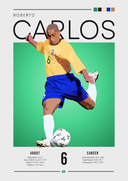 Roberto Carlos football art poster featuring vibrant colors and dynamic motion
