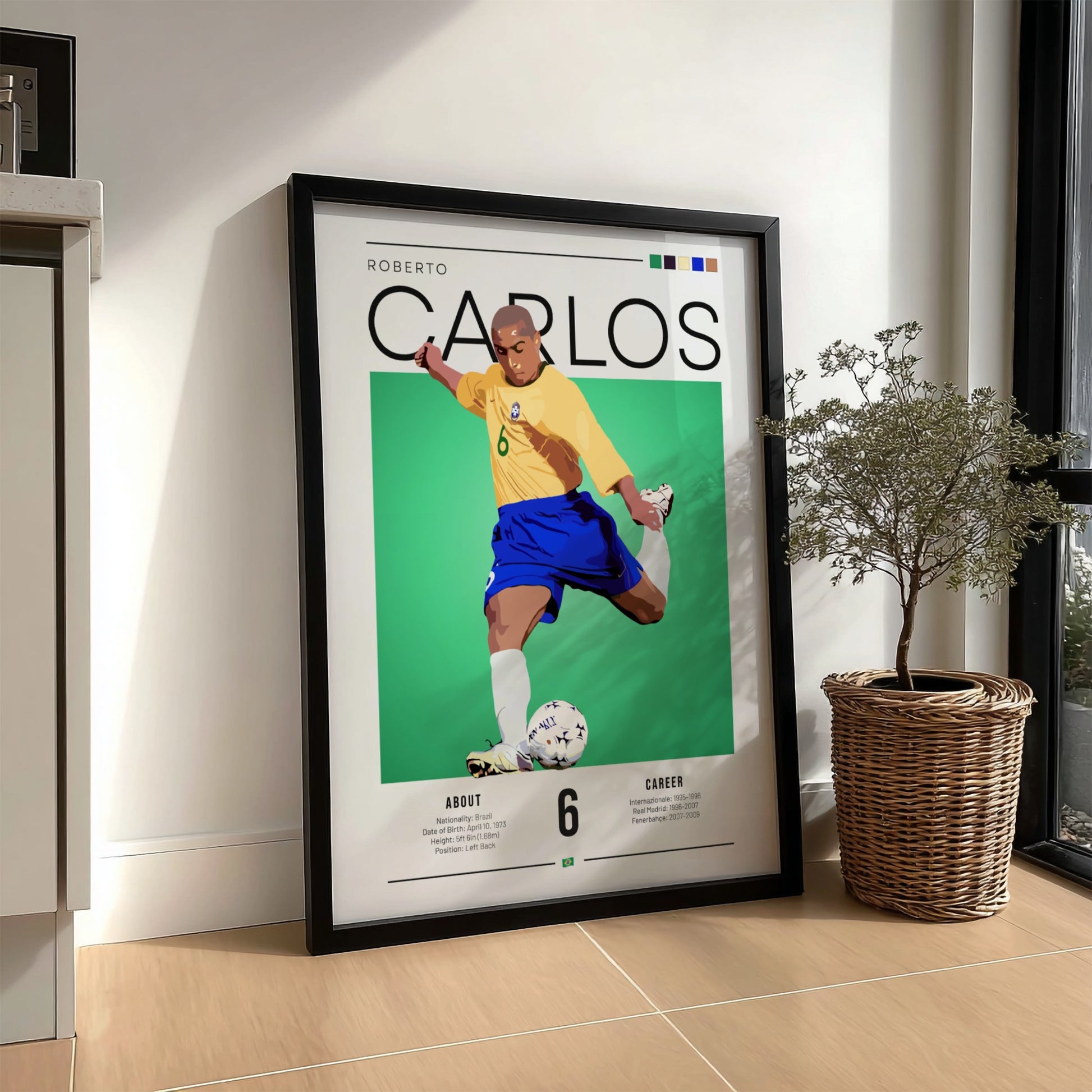 Roberto Carlos football art poster featuring vibrant colors and dynamic motion