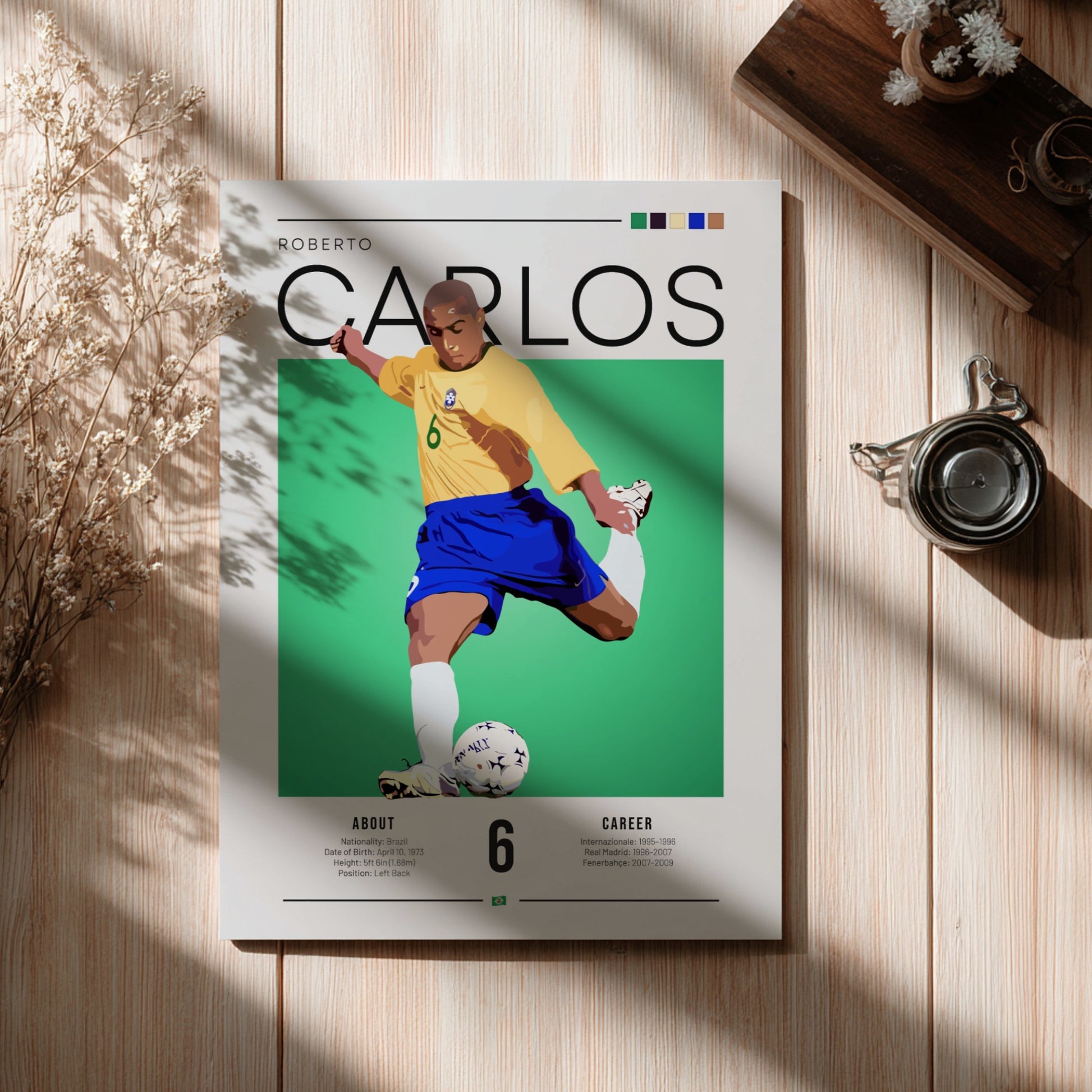 Roberto Carlos football art poster featuring vibrant colors and dynamic motion