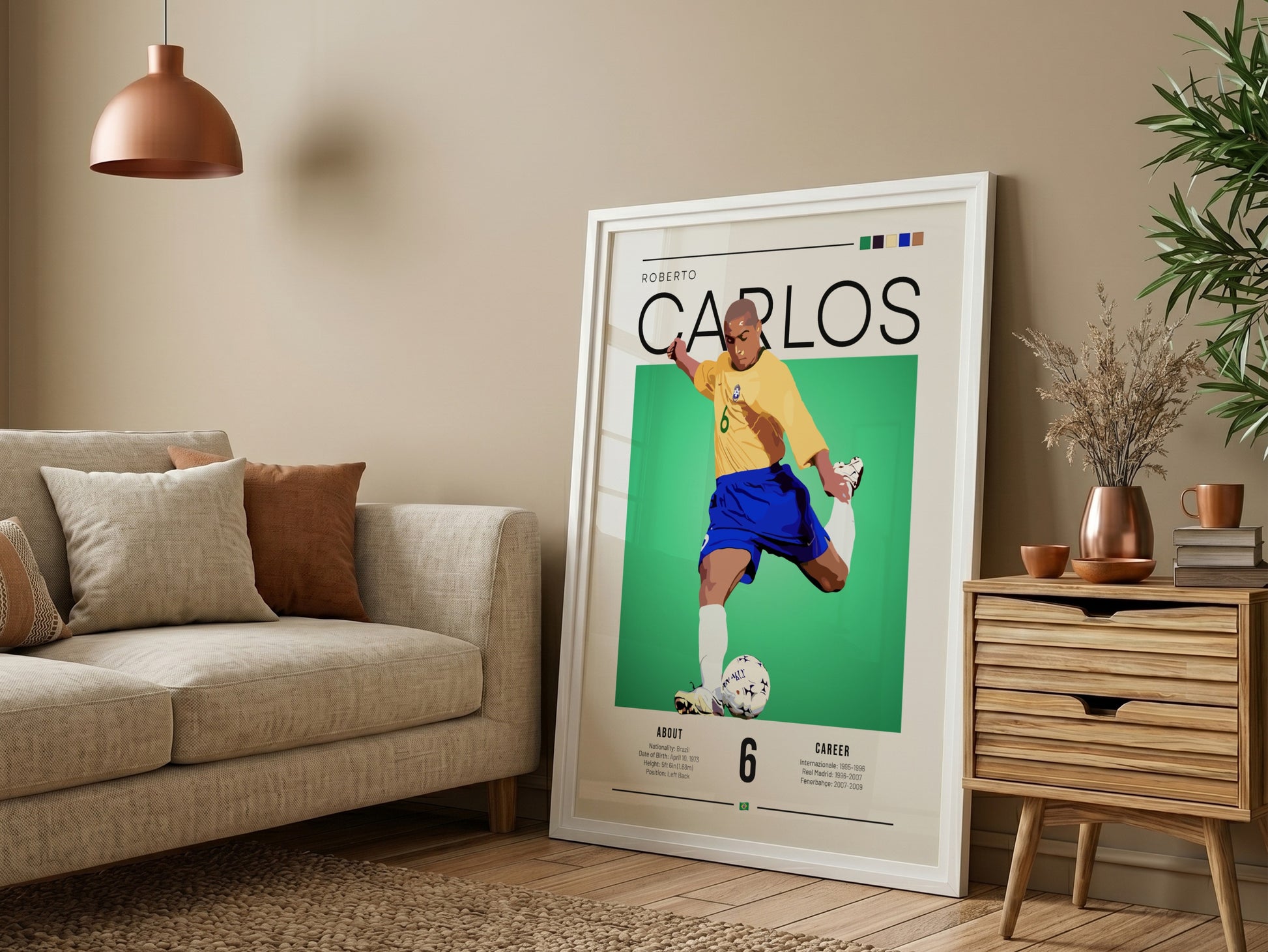 Roberto Carlos football art poster featuring vibrant colors and dynamic motion