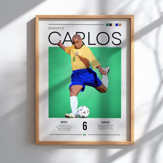 Roberto Carlos football art poster featuring vibrant colors and dynamic motion