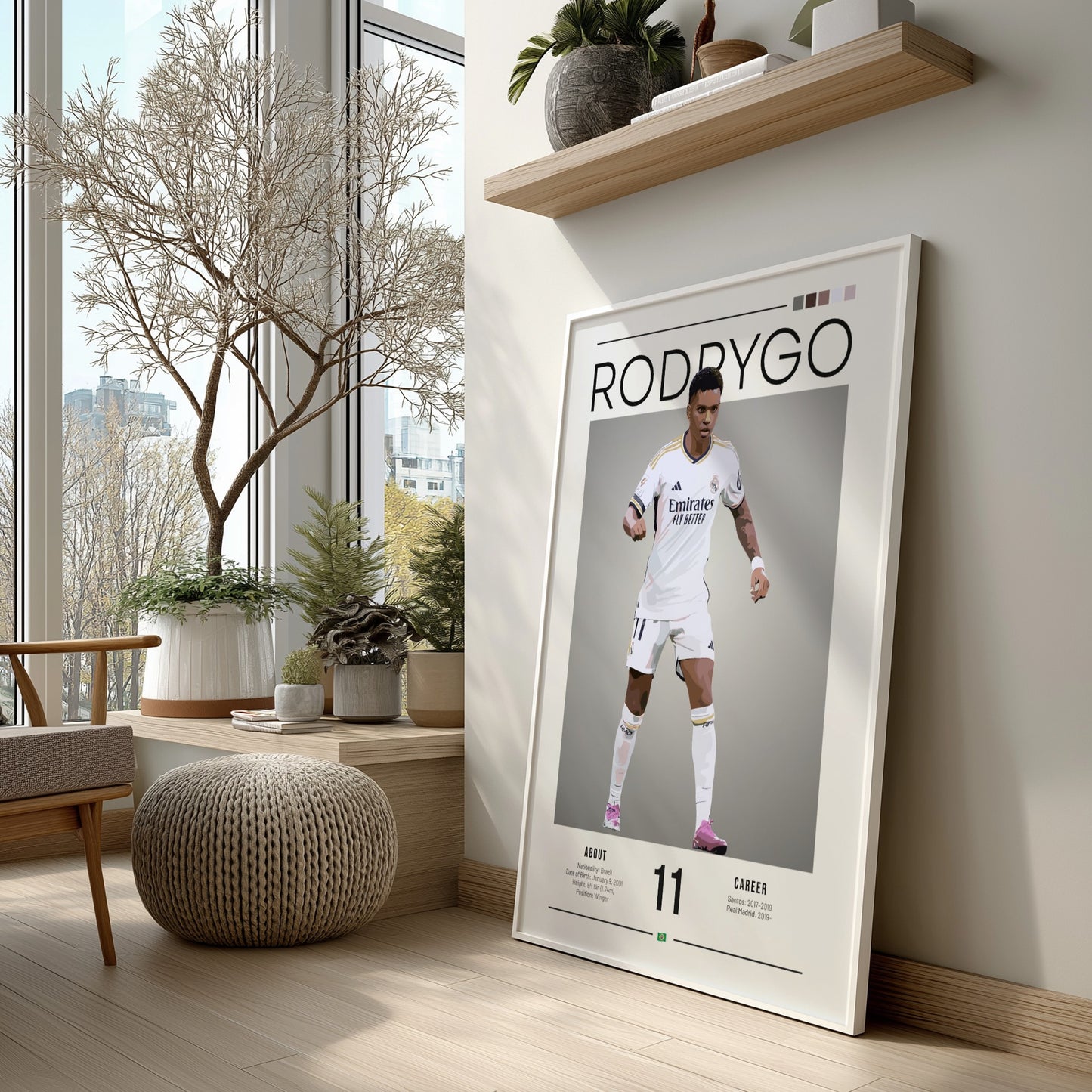 Rodrygo poster in Real Madrid football shirt, dynamic action pose, vibrant colors, sports wall decor
