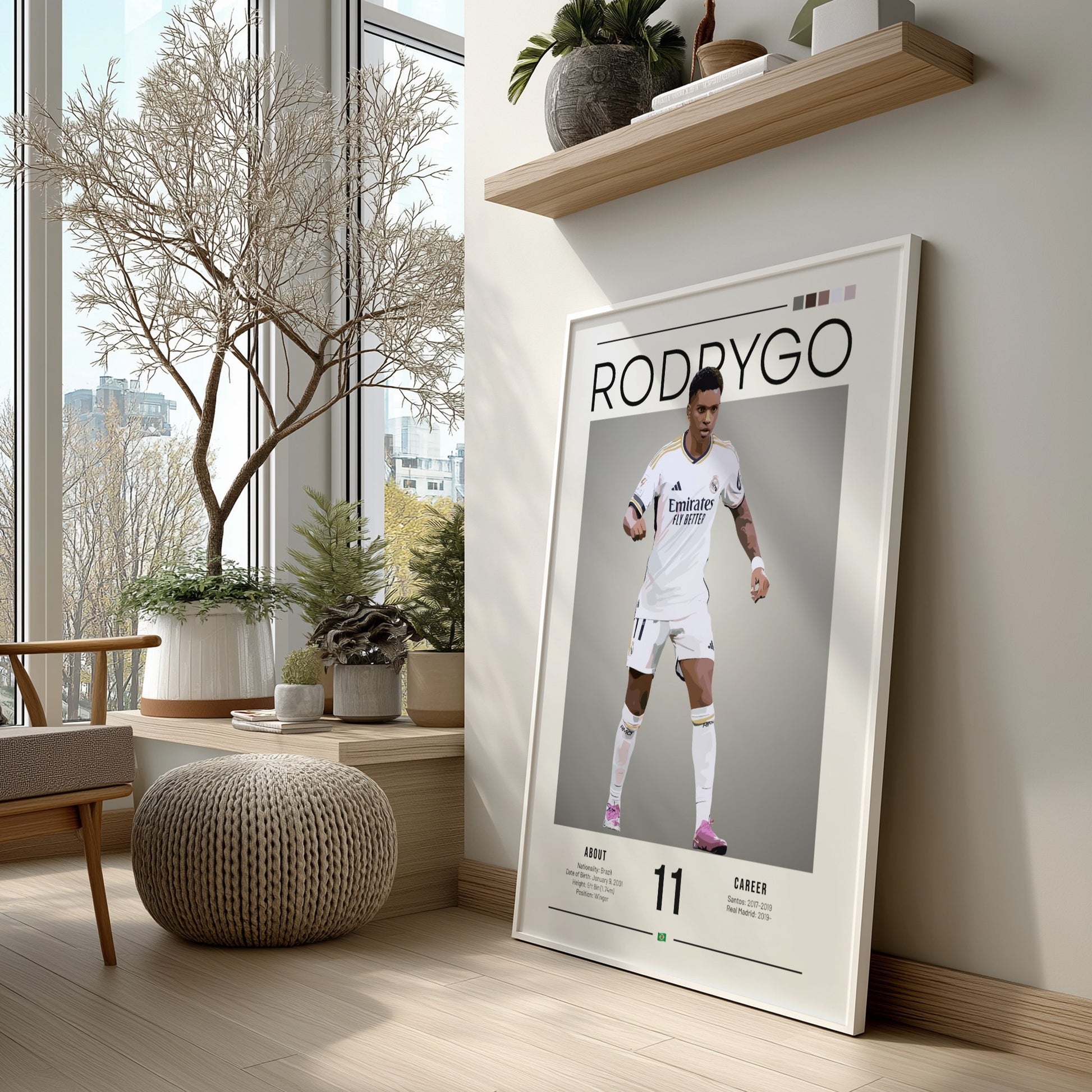 Rodrygo poster in Real Madrid football shirt, dynamic action pose, vibrant colors, sports wall decor