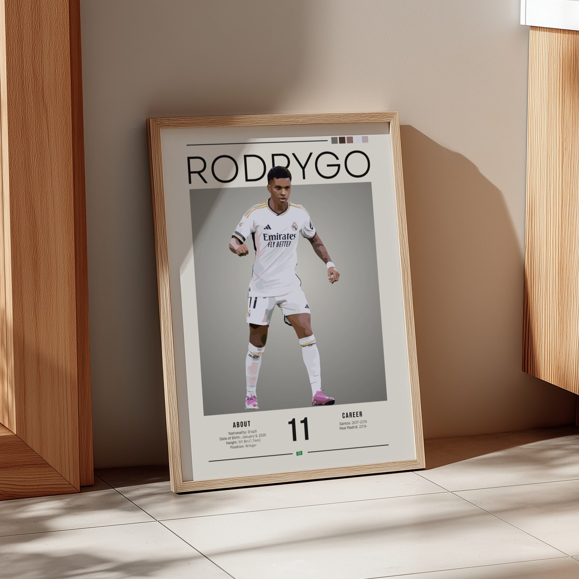 Rodrygo poster in Real Madrid football shirt, dynamic action pose, vibrant colors, sports wall decor