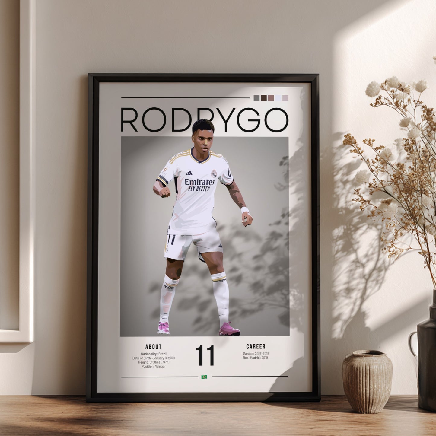 Rodrygo poster in Real Madrid football shirt, dynamic action pose, vibrant colors, sports wall decor